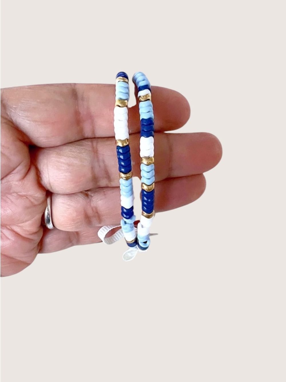 J. Crew Blue and White  2 piece Chevron Color block Beaded Stretch Bracelets - Picture 2 of 4